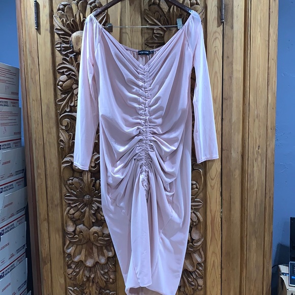 NWT Pretty Little Thing size 18 dusty rose mesh ruched Bardot bodycon dr… - Picture 1 of 9